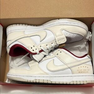 Nike White and Red Dunks with Gold Accents